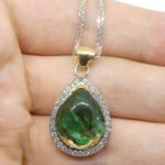 11.85ct Pear Cabochon Emerald. Diamond Pendant set in 14k White and Yellow Gold - Image 4