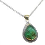 11.85ct Pear Cabochon Emerald. Diamond Pendant set in 14k White and Yellow Gold - Image 6