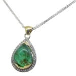 11.85ct Pear Cabochon Emerald. Diamond Pendant set in 14k White and Yellow Gold - Image 7