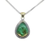 11.85ct Pear Cabochon Emerald. Diamond Pendant set in 14k White and Yellow Gold - Image 3