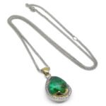 11.85ct Pear Cabochon Emerald. Diamond Pendant set in 14k White and Yellow Gold - Image 10