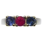 0.37ct Round Red Ruby. Blue Spinel Three Stone Engagement Ring set in 14k White and Yellow Gold