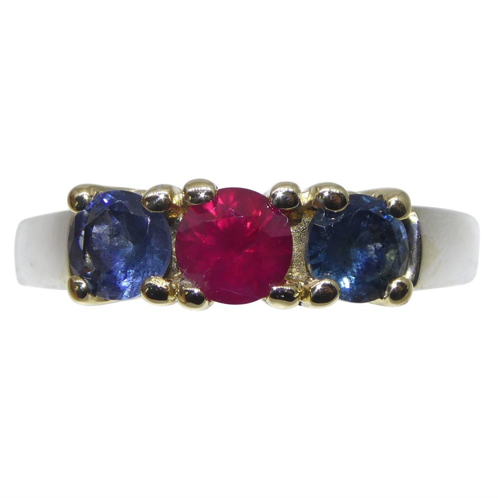 JW0385_1.jpg 0.37ct Round Red Ruby. Blue Spinel Three Stone Engagement Ring set in 14k White and Yellow Gold - Image 1