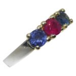 0.37ct Round Red Ruby. Blue Spinel Three Stone Engagement Ring set in 14k White and Yellow Gold - Image 4