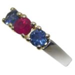 0.37ct Round Red Ruby. Blue Spinel Three Stone Engagement Ring set in 14k White and Yellow Gold - Image 5