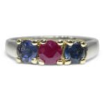 0.37ct Round Red Ruby. Blue Spinel Three Stone Engagement Ring set in 14k White and Yellow Gold - Image 7
